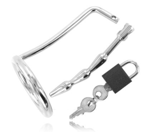 METAL HARD - TESTICLE RING WITH URETHRAL CHASTITY PLUG