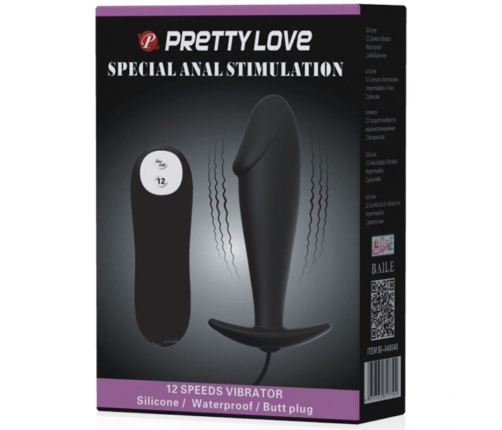 PRETTY LOVE - PLUG ANAL SILICONA FORMA PENE Y 12 MODOS VIBRACIÓN NEGRO
