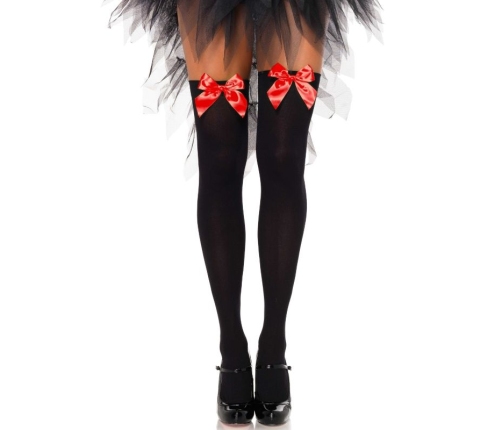LEG AVENUE - BLACK NYLON THIGH HIGHS WITH RED BOW ONE SIZE