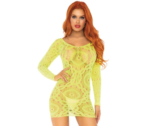 LEG AVENUE - CROCHET LACE LONG SLEEVE MINI DRESS NEON ONE SIZE