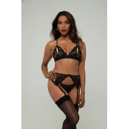 Christine Axelle Black 3-Piece Lace Bra Set with Decorative Openings L-XL Christine Axelle Black 3-Piece Lace Bra Set with Decorative Openings L-XL