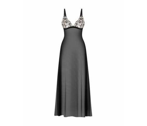 Obsessive Vila Blanes Long Chemise Black - Elegant Floral Tulle Design