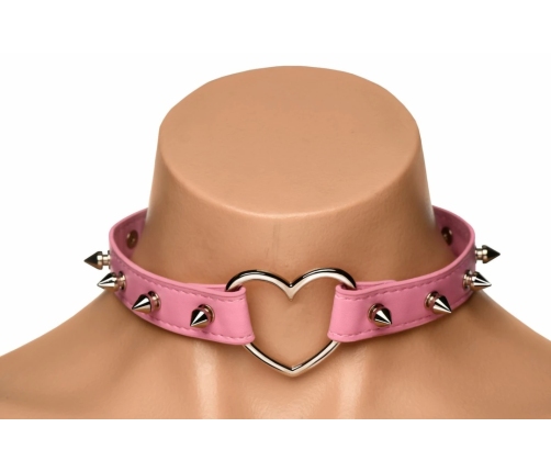 XR Brands Spiked Heart Choker Pink Vegan Leather Adjustable 42cm