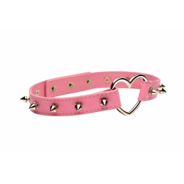 XR Brands Spiked Heart Choker Pink Vegan Leather Adjustable 42cm