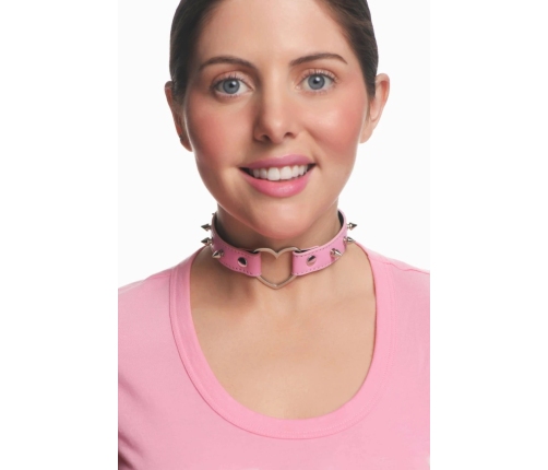 XR Brands Spiked Heart Choker Pink Vegan Leather Adjustable 42cm