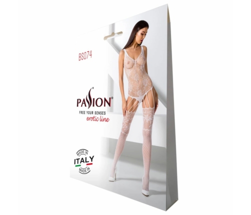 Passion BS074 Seamless Lace Catsuit White - Elegant Mesh Bodysuit One Size