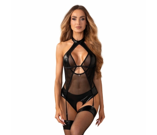 Obsessive Dominna Black Bodysuit with Adjustable Choker and Garter Straps L/XL