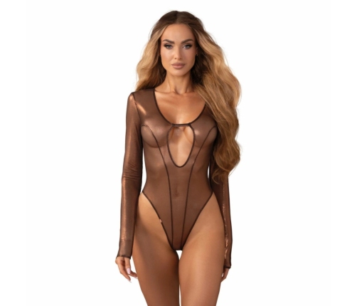 Obsessive Soranna Brown Bodysuit with Long Sleeves and Open Design