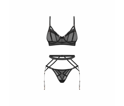 Obsessive Euridia 3-Piece Lingerie Set Black - Underwired Bra, Garter Belt, Thong
