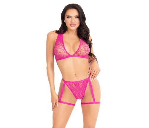 Leg Avenue Lace Set with Garters Pink - Two-Piece Floral Lingerie