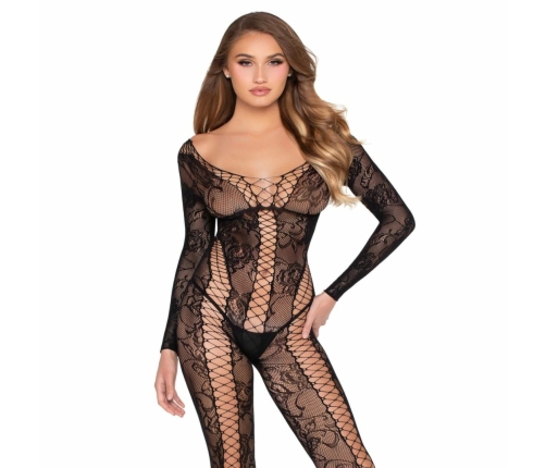 Leg Avenue Lace Bodystocking Black - Elegant Floral Mesh Design