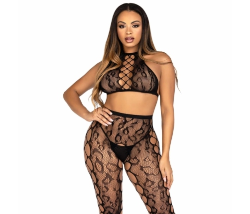 Leg Avenue Crop Top & Open Pattern Tights Set Black S/M
