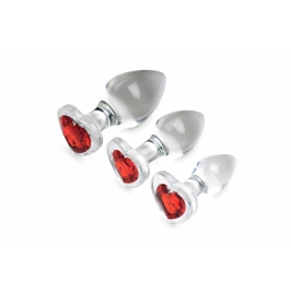 Glas Red Heart Gem Glass Plug Set - 3 Sizes, Decorative Base