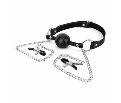 Bedroom Fantasies Adjustable Ball Gag & Silicone Nipple Clamp Set Black