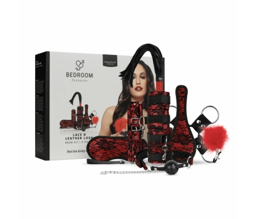 Bedroom Fantasies 8-Piece Lace & Leather Look Bondage Set Red