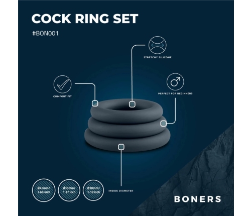 Boners Silicone Ring Set Grey 3 Sizes Flexible Skin-Friendly Material