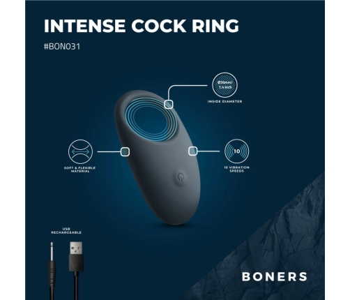 Boners Rechargeable Vibrating Silicone Partner Ring, 10 Modes, Blue