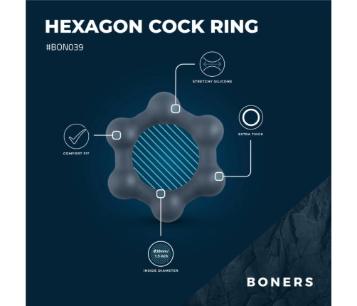 Boners Hexagon Silicone Ring with Integrated Steel Elements, Black