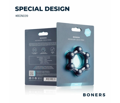Boners Hexagon Silicone Ring with Integrated Steel Elements, Black