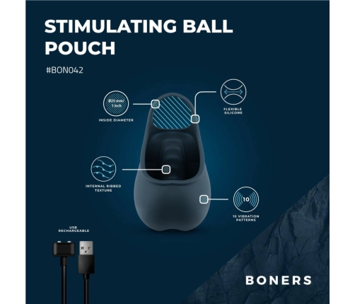 Boners Blue Stimulating Silicone Ring & Pouch 10-Mode Waterproof System
