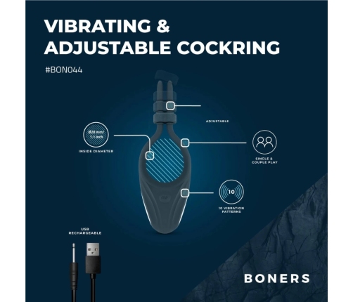 Boners Adjustable Stimulation Ring Blue - Rechargeable, Vibrating, Flexible Fit