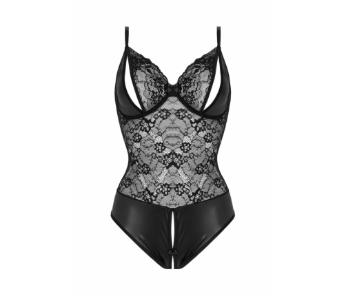 Christine Vesper Wetlook Bodysuit with Lace Accents, Black, L/XL