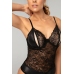 Christine Vesper Wetlook Bodysuit with Lace Accents, Black, L/XL