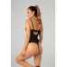 Christine Vesper Wetlook Bodysuit with Lace Accents, Black, XXL