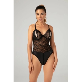 Christine Vesper Wetlook Bodysuit with Lace Accents, Black, XXL