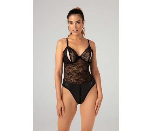 Christine Vesper Wetlook Bodysuit with Lace Accents, Black, XXL