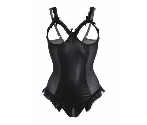 Mistique Wetlook Bodysuit with Mesh Sides and Satin Lacing by Mistique, Black, Open Design L/XL