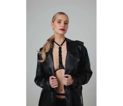 Evening Kiss Strappy Harness Bralette Black Lace Gold Accents