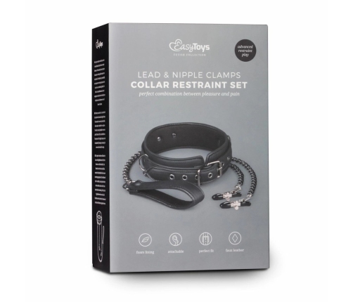 EasyToys Adjustable Faux Leather Collar with Metal Chains, Black