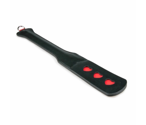 Ouch! Long Leather Paddle Black-Red with Decorative Heart Cut-Outs 32cm