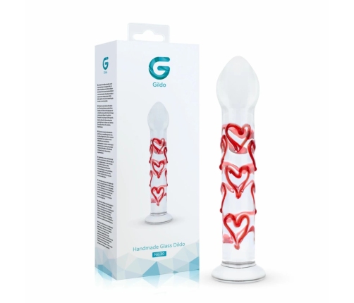 Gildo Glass Intimate Massager No. 30 with Decorative Red Hearts, Clear