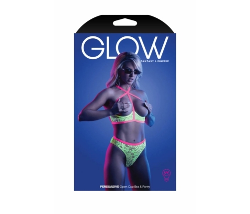 PERSUASIVE Neon Green UV Reactive Open Cup Bra & Panty Set, Adjustable Straps
