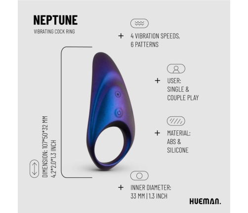 Hueman Neptune Vibrating Intimate Ring with Remote Control, Waterproof