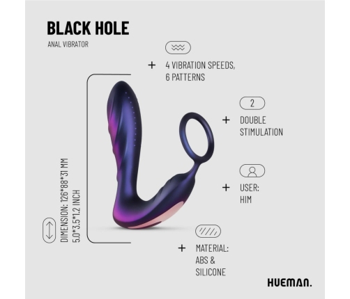 Hueman Black Hole Anal Vibrator & Support Ring, 10 Modes, Silicone