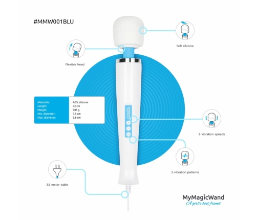 My Magic Wand Blue - 6-Speed Professional Massager, 32cm, Silicone