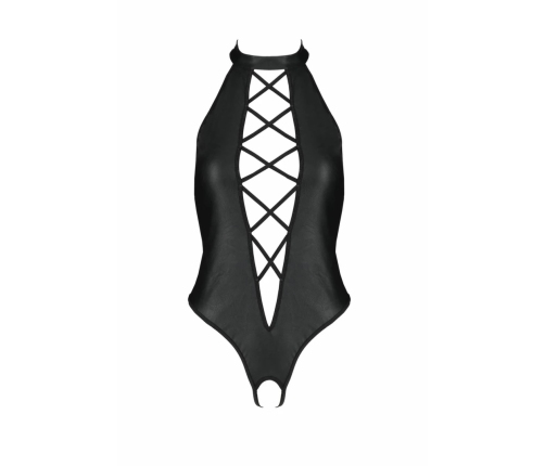 Passion Nancy Bodysuit Black Wetlook with Strap Design, One Size