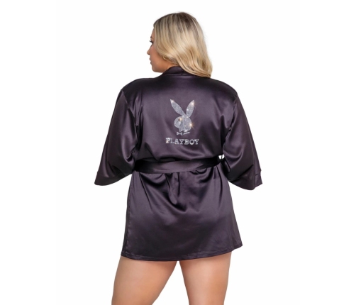 Playboy Lingerie Sparkling Bunny Kimono Robe - Shimmering Black, One Size