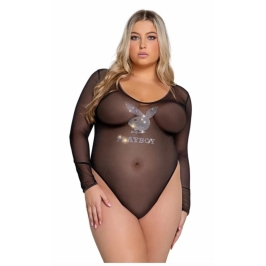 Playboy Sparkling Bunny Teddy - Mesh & Satin Bodysuit, Rhinestone Logo