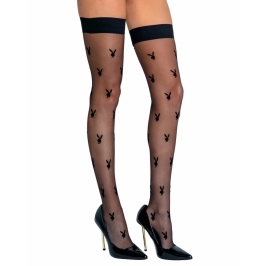 Playboy Bunny Noir Sheer Stockings with Signature Logo, Black, One Size