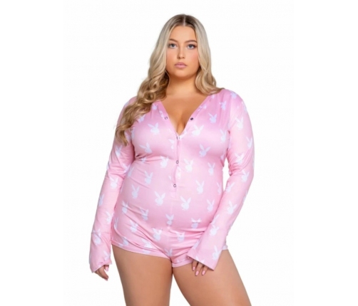 Playboy Slumber Bunny Curvy Onesie Pink - Cozy Fleece Lounge Suit Plus Size