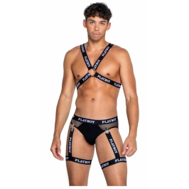 Playboy Lingerie Men’s Dark Room Suspender Set - Fishnet & Logo Design
