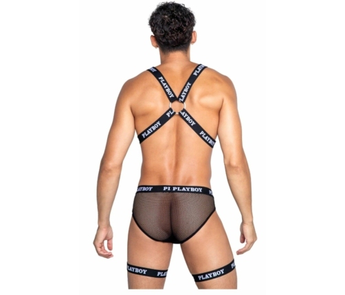 Playboy Lingerie Men’s Dark Room Suspender Set - Fishnet & Logo Design