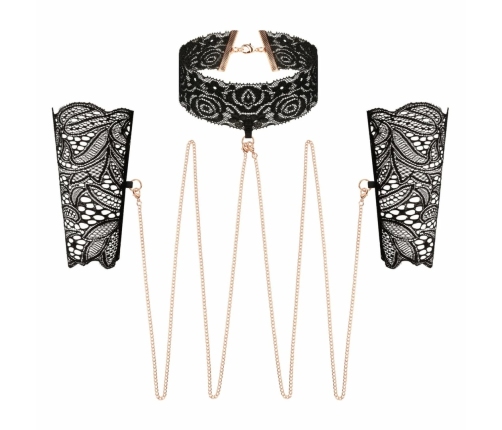 Rosy Gold Lace Cuffs & Collar Set Black - Elegant Gold Chain Detail