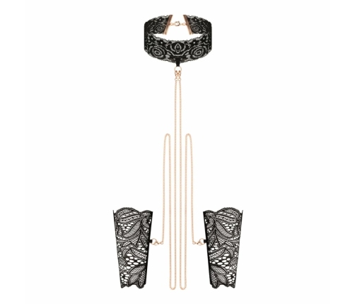 Rosy Gold Lace Cuffs & Collar Set Black - Elegant Gold Chain Detail