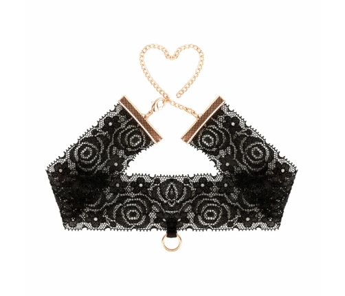 Rosy Gold Lace Cuffs & Collar Set Black - Elegant Gold Chain Detail