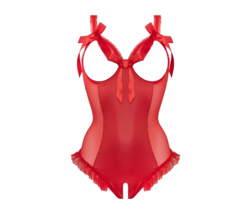 Mistique Wetlook Red Bodysuit with Open Design and Mesh Accents